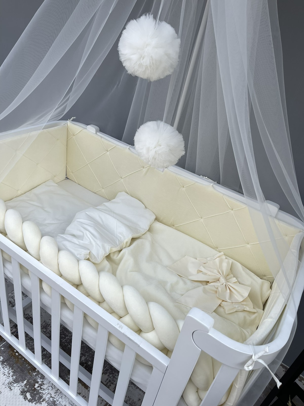 Комплект для новонародженого з балдахіном Baby, молочний, фото №3