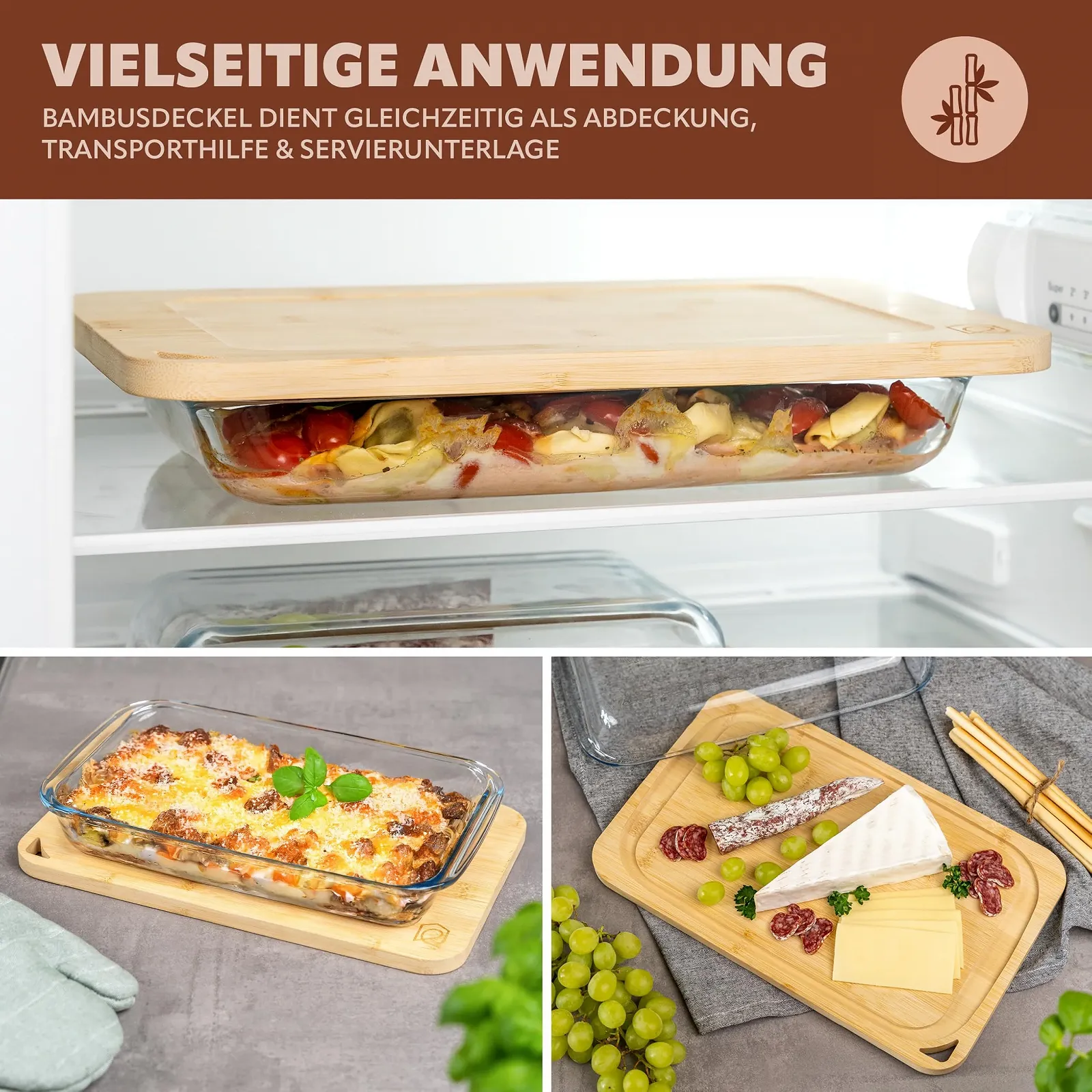 Форма для запекания eluno 2,2 л стеклянная с бамбуковой крышкой прямоугольная, фото №4