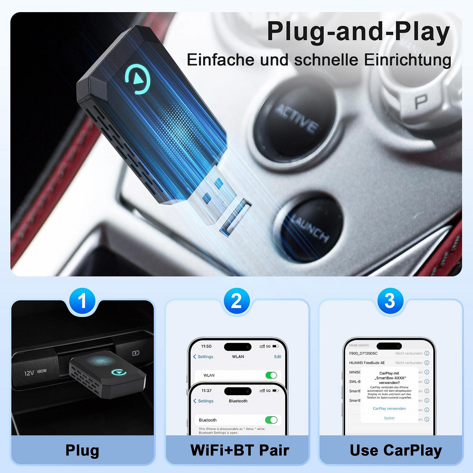 Беспроводной адаптер CarPlay, Dongle CarPlay 2025 года преобразует проводное соединение в беспроводное для iPhone, USB C/A Plug and Play адаптер CarPlay совместим с iPhone iOS 10+ и автомобилями с CarPlay, фото №3
