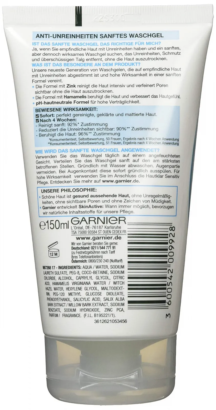 Гель для вмивання Garnier Ніжне очищення для чутливої шкіри, проти забруднень, без мила, з цинком і гамамелісом, для чутливої шкіри, 150 мл, фото №2