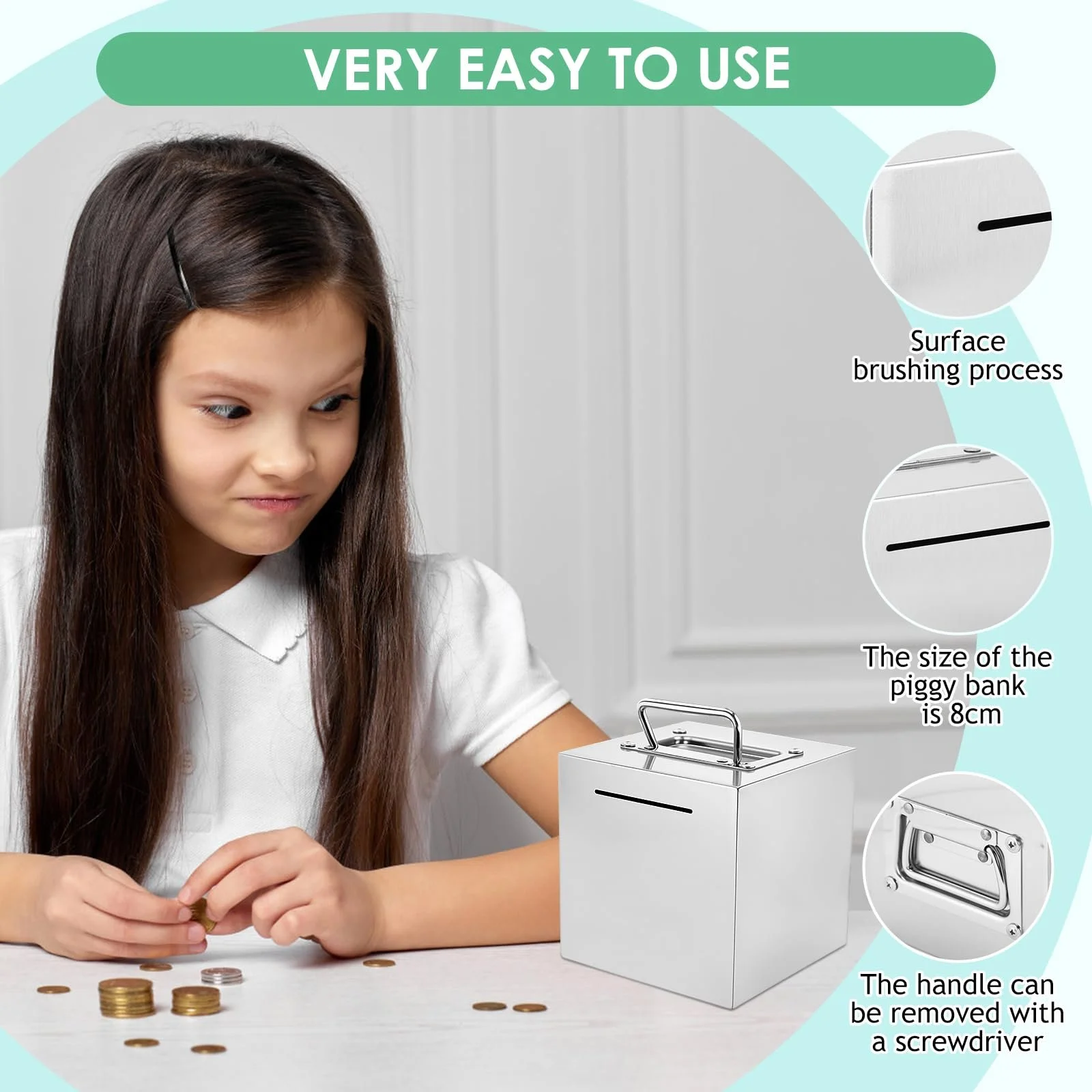 Скарбничка-сейф із нержавіючої сталі з ручкою велика з ключем, фото №3