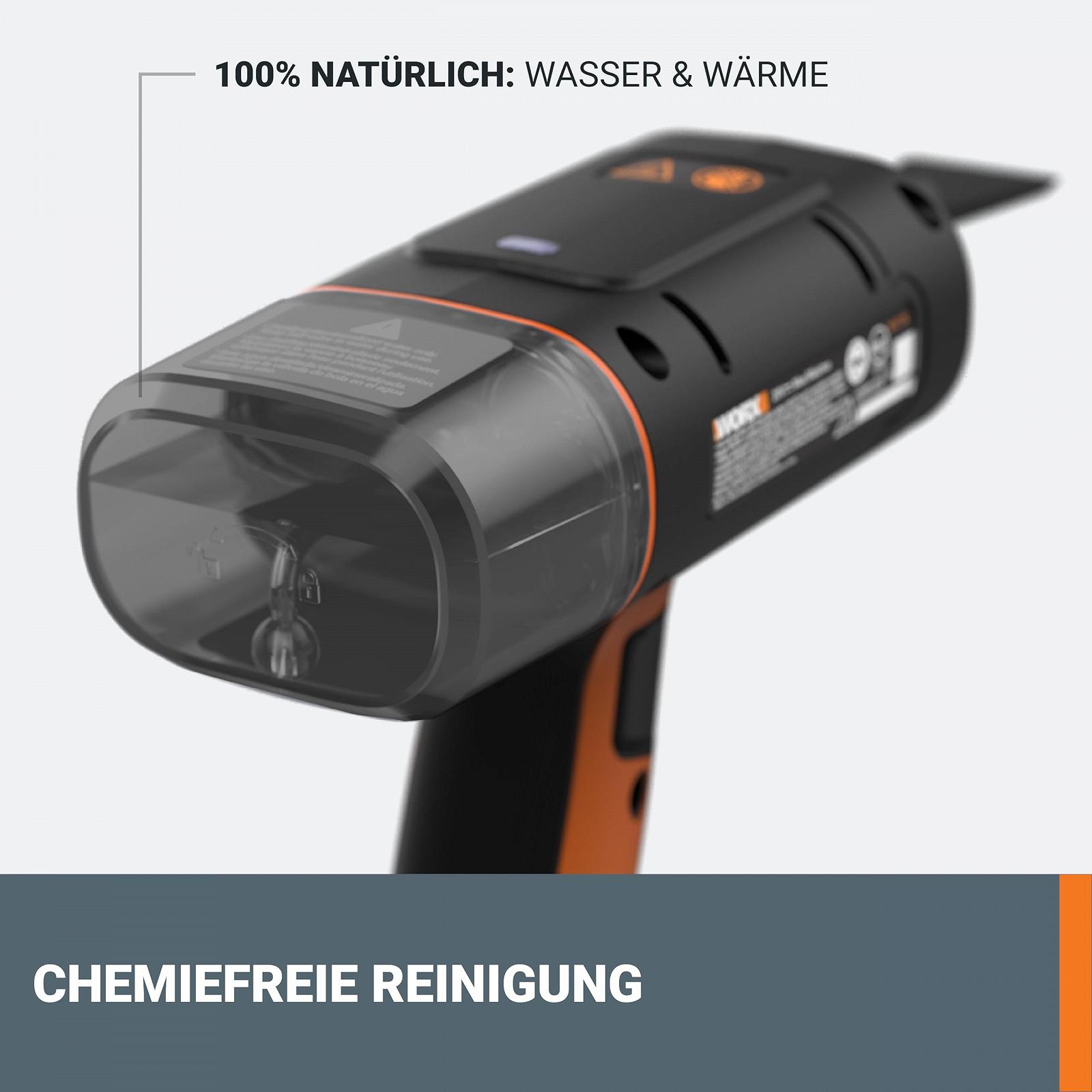 Ручной пароочиститель WORX 18V (20V MAX) WX770.9 беспроводной для 104°C, убивает микробы, предварительный нагрев 8 секунд, легкий и портативный пароочиститель для дома и автомобиля, без аккумулятора и зарядного устройства, фото №5