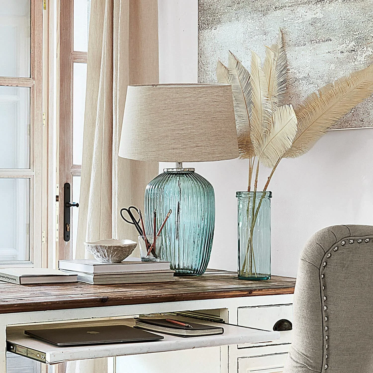 Настільна лампа LOBERON Fenis Скло Бавовна Кремова/Зелена, фото №4