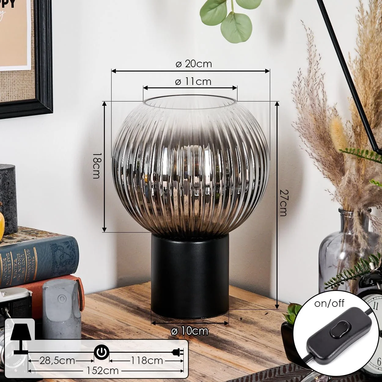 Настільна лампа HOFSTEIN Koyoto з металу та рифленого скла 20 см E27 Чорна/Димчаста, фото №4