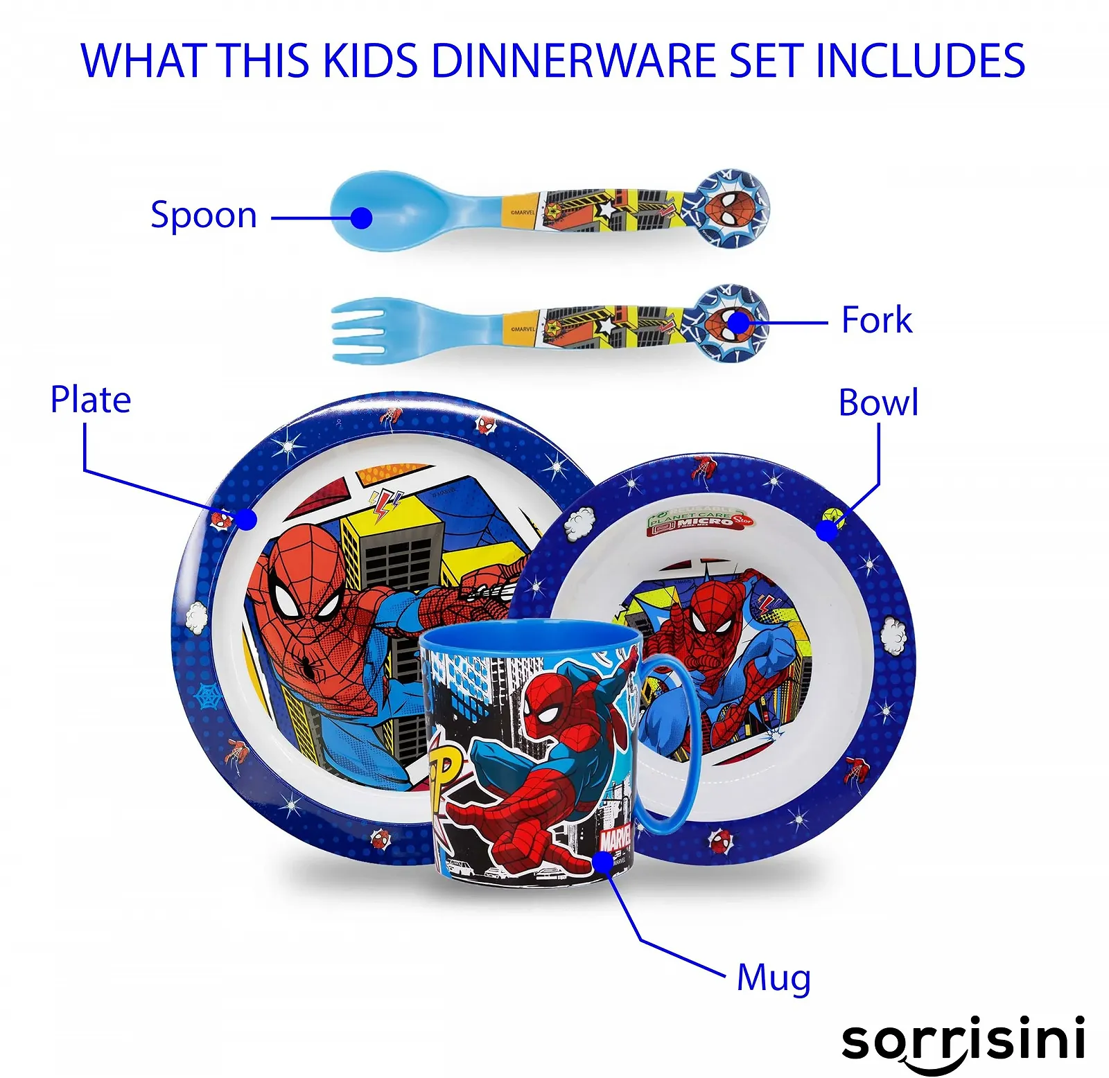 Набор детской посуды Sorrisini Spiderman (Тарелка, миска, чашка 350 мл, детские столовые приборы), фото №11 Набор детской посуды Sorrisini Spiderman (Тарелка, миска, чашка 350 мл, детские столовые приборы), фото №11