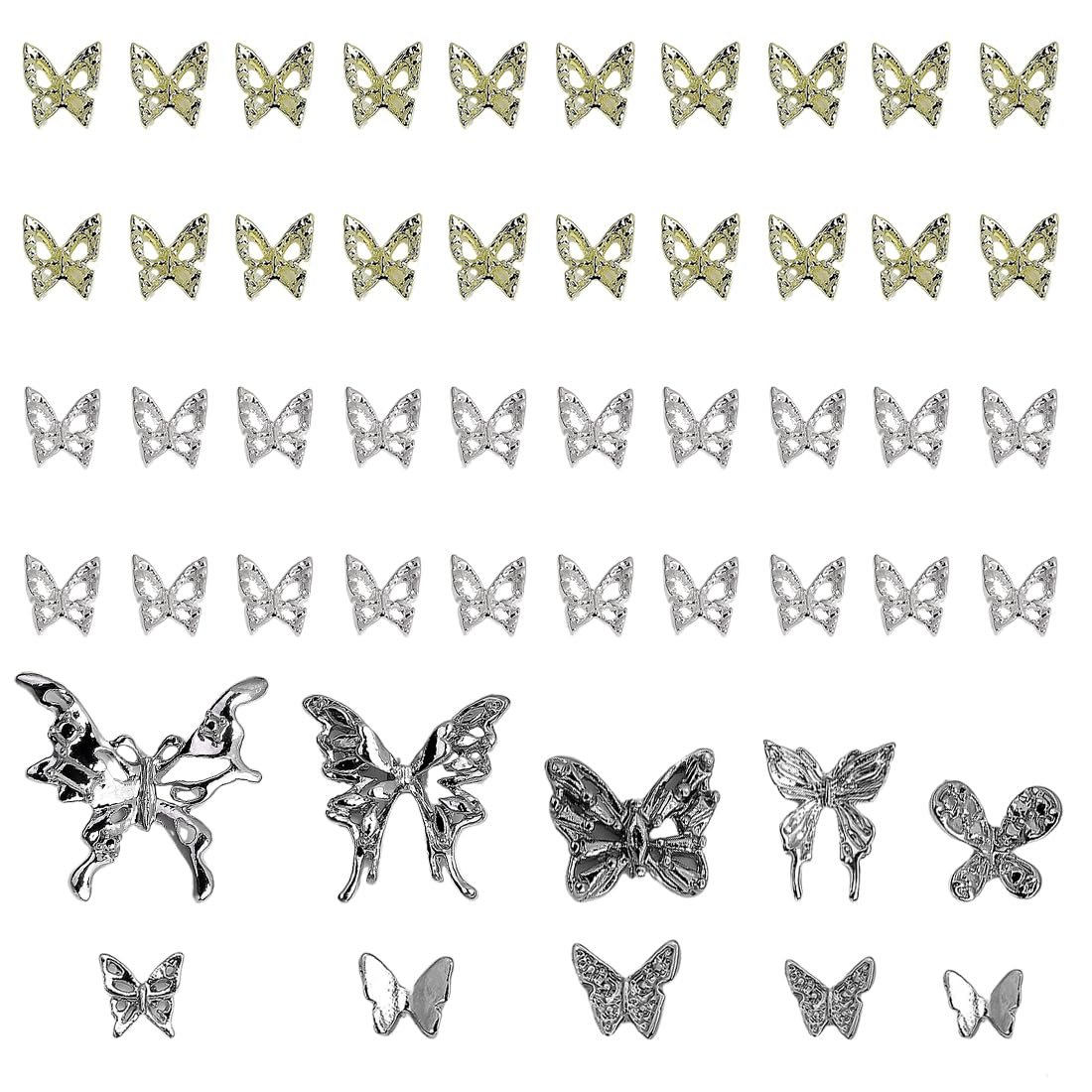 Підвіски для нігтів Метелики Метал, 50 шт (20 золотих + 30 срібних), фото №1