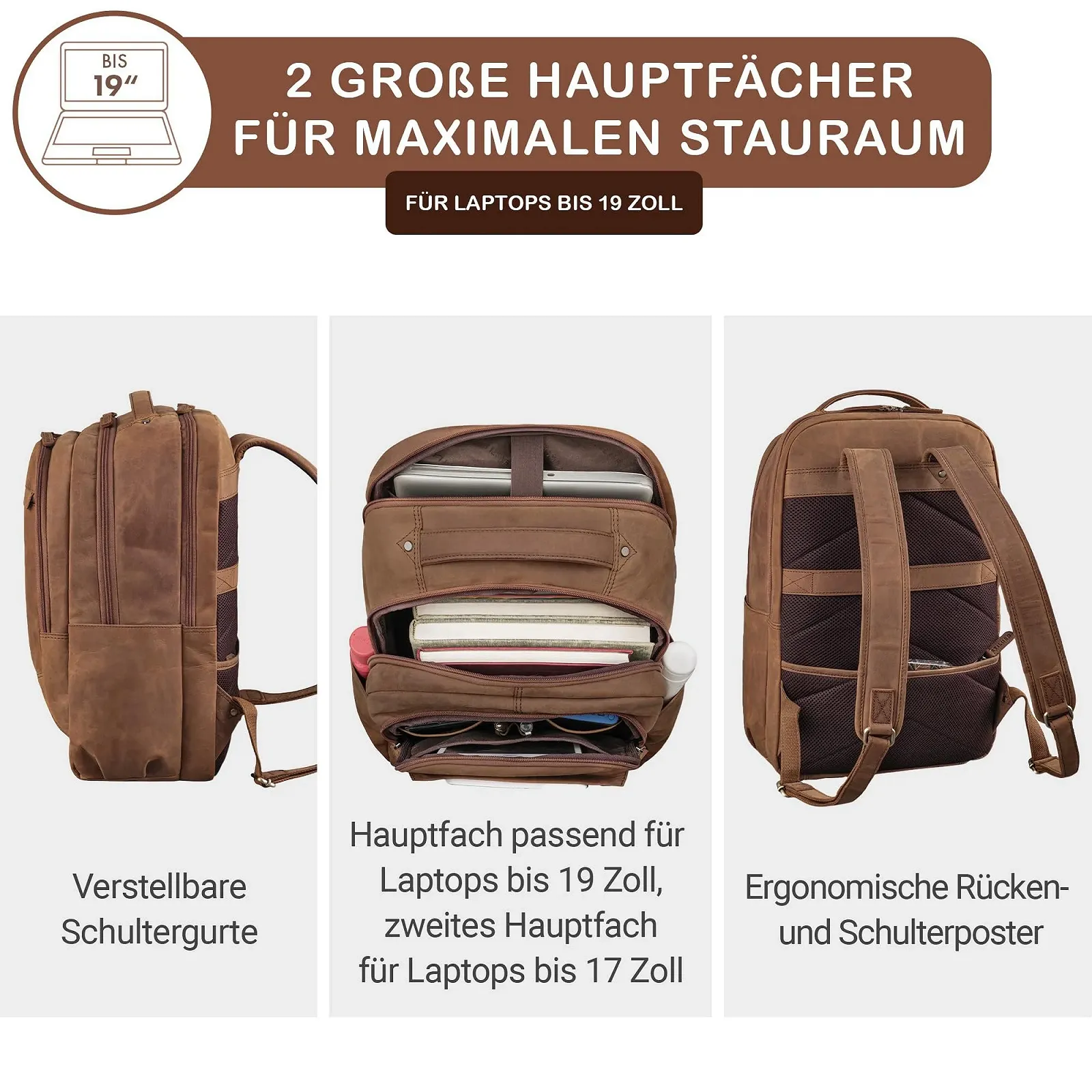 Бізнес-рюкзак STILORD Maxim Premium XL Maxim Leather Vintage 17 to 19 Inch Large Black, Tan - dark brown, фото №2