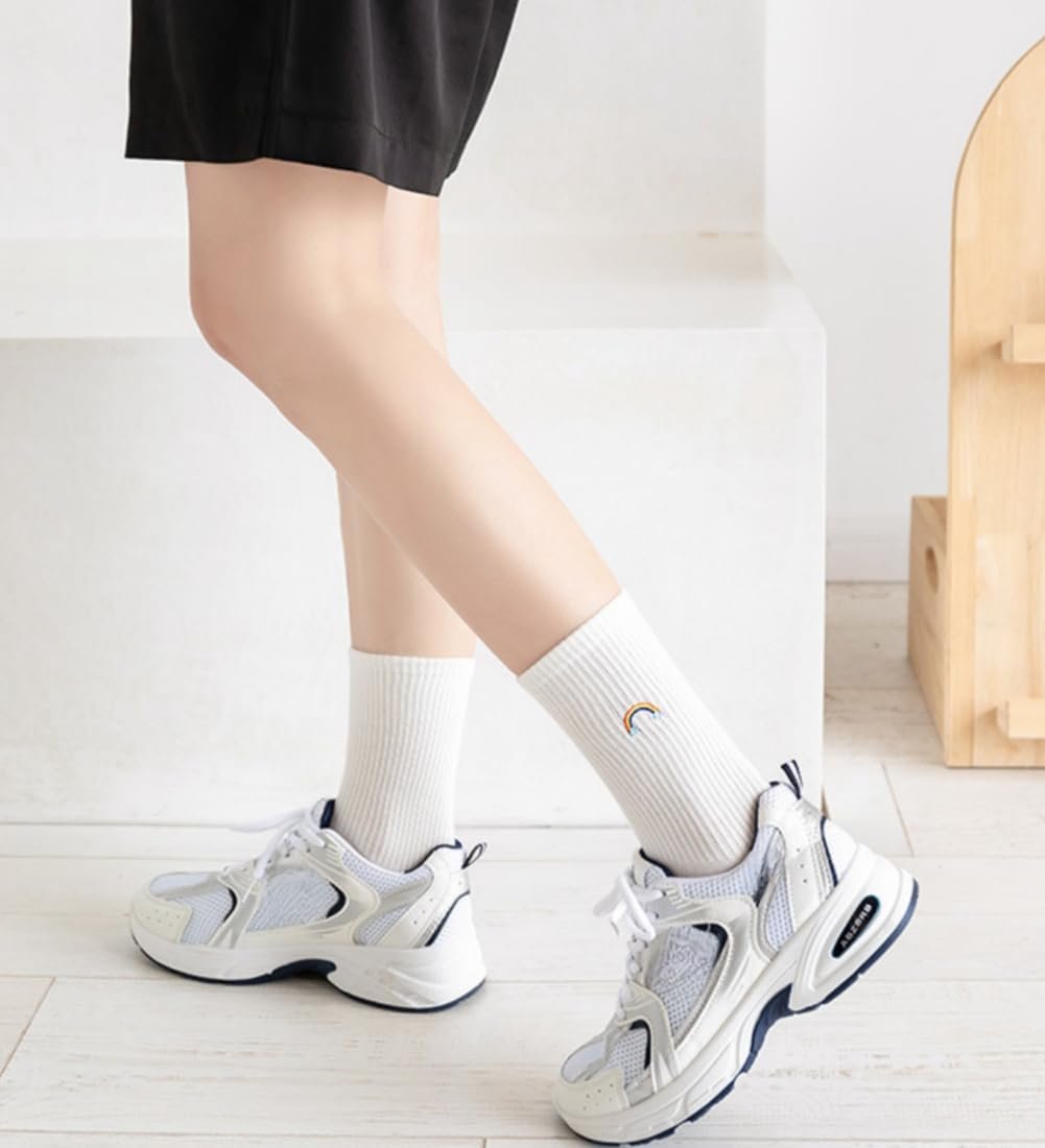 Носки AKAMAS Женские белые, радуга облака молния утка узор, вышивка, хлопок, спортивные носки, теннисные носки, 5 пар, фото №6