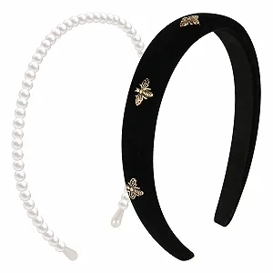Обруч Оксамитовий з бджолою Чорний, Обруч з перлинами Білий - Фото 1