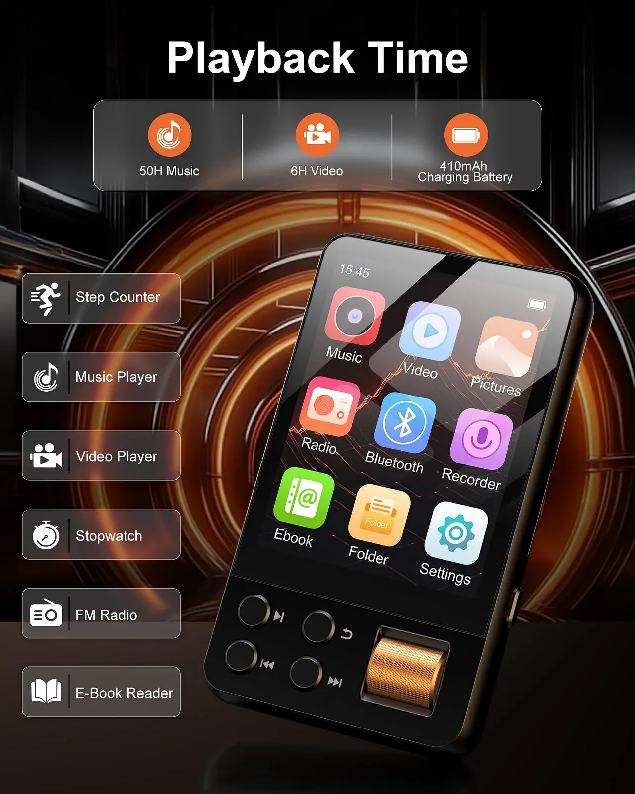 MP3-плеер AGXOV 128GB Bluetooth с наушниками, с 2.4-дюймовым сенсорным экраном, MP4-плеер с поддержкой Amazon Music, Deezer, FM-радио, диктофон, устройство для чтения электронных книг, фото №7
