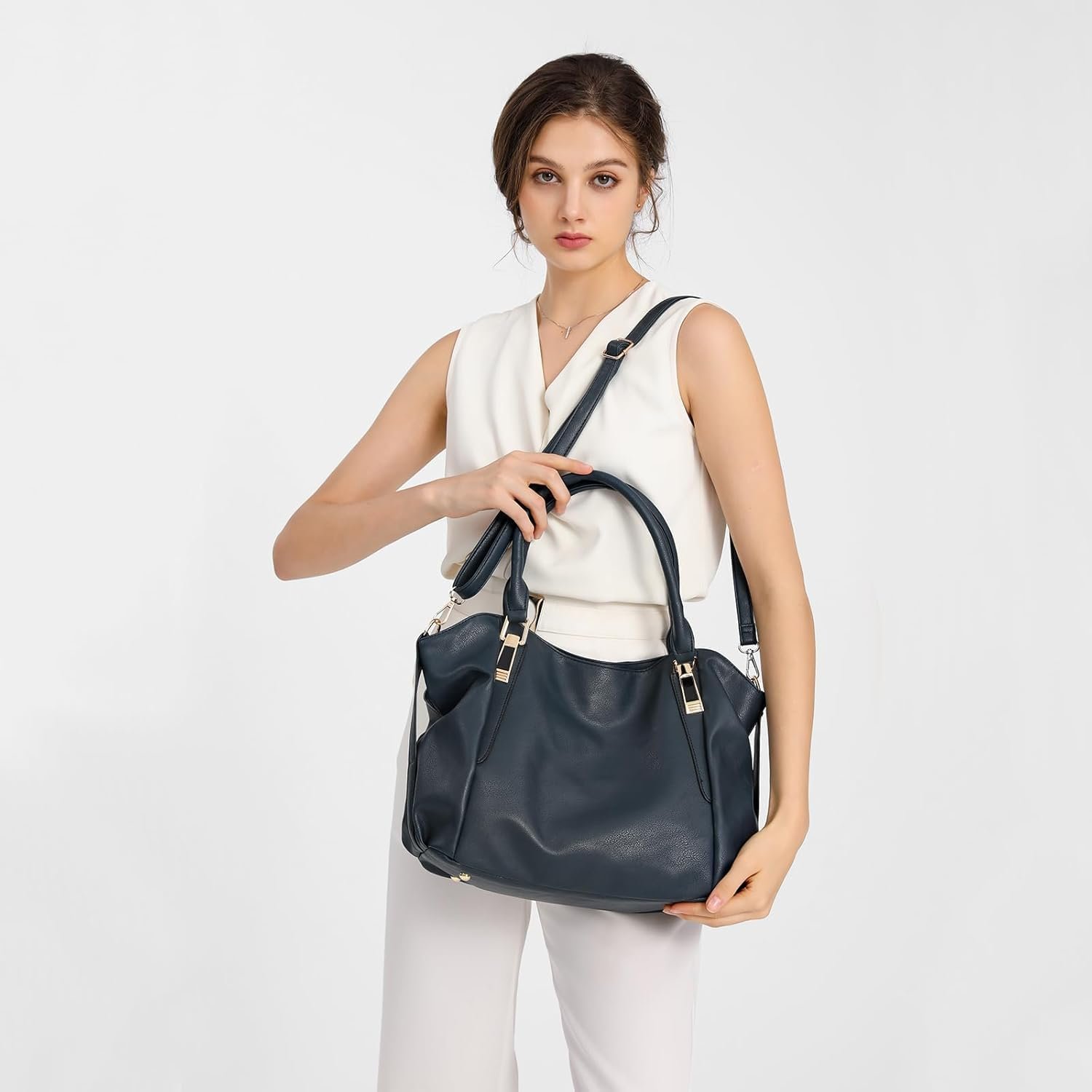 Сумка з ручками Miss Lulu, шоппер, велика, з м'якої штучної шкіри PU, темно-синя, фото №2