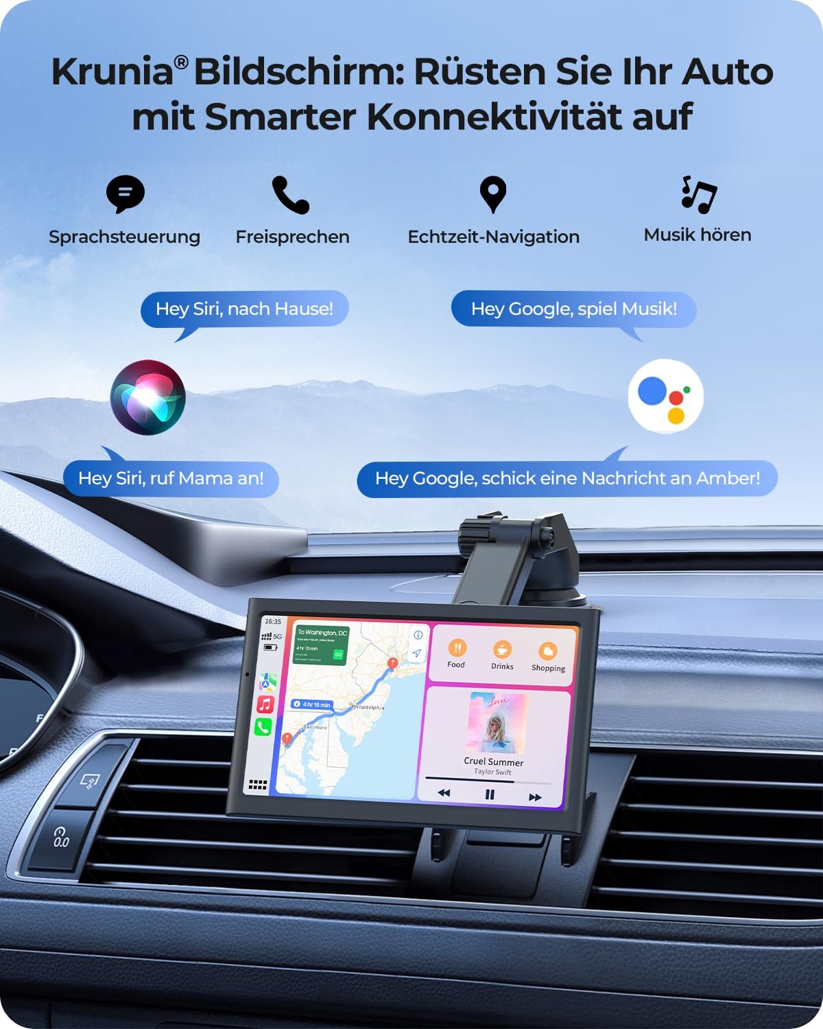 Дисплей для автомобиля Krunia 7 дюймов беспроводной портативный 60FPS Apple CarPlay и Android Car, альбомный и портретный формат, Mirror Link, Bluetooth, голосовое управление, GPS-навигация, опциональная камера заднего вида, фото №4