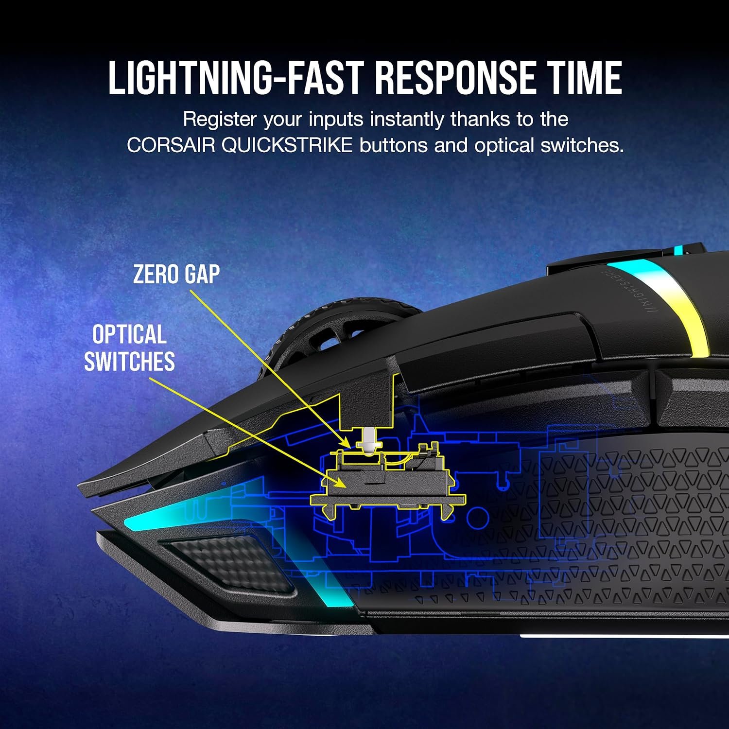 Ігрова бездротова миша Corsair NIGHTSABRE RGB / Bluetooth / Радіоканал / 26000 DPI / 8 кнопок / RGB підсвітка / Інерційне 4Д колесо / Чорна (CH-931B011), фото №6