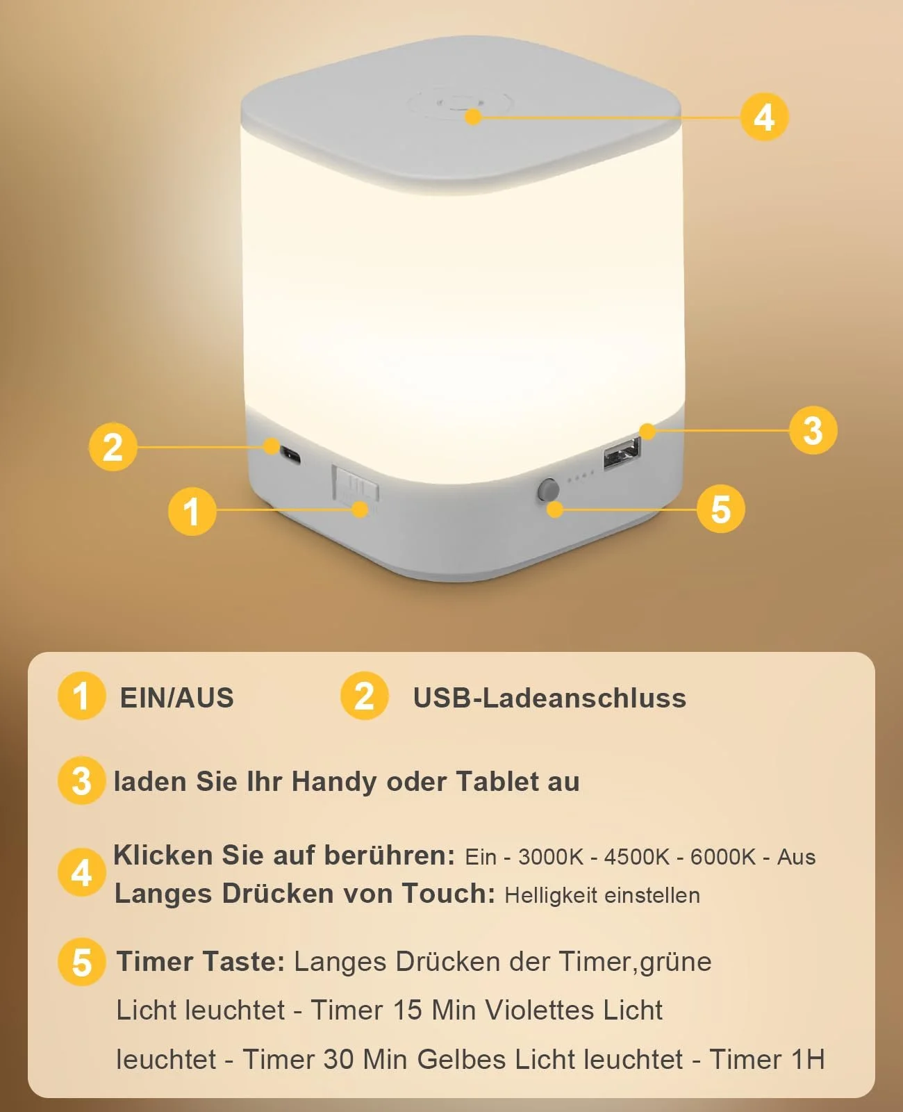 Лампа нічна Homefire LED сенсорна акумуляторна 3 колірні температури з таймером біла, фото №8