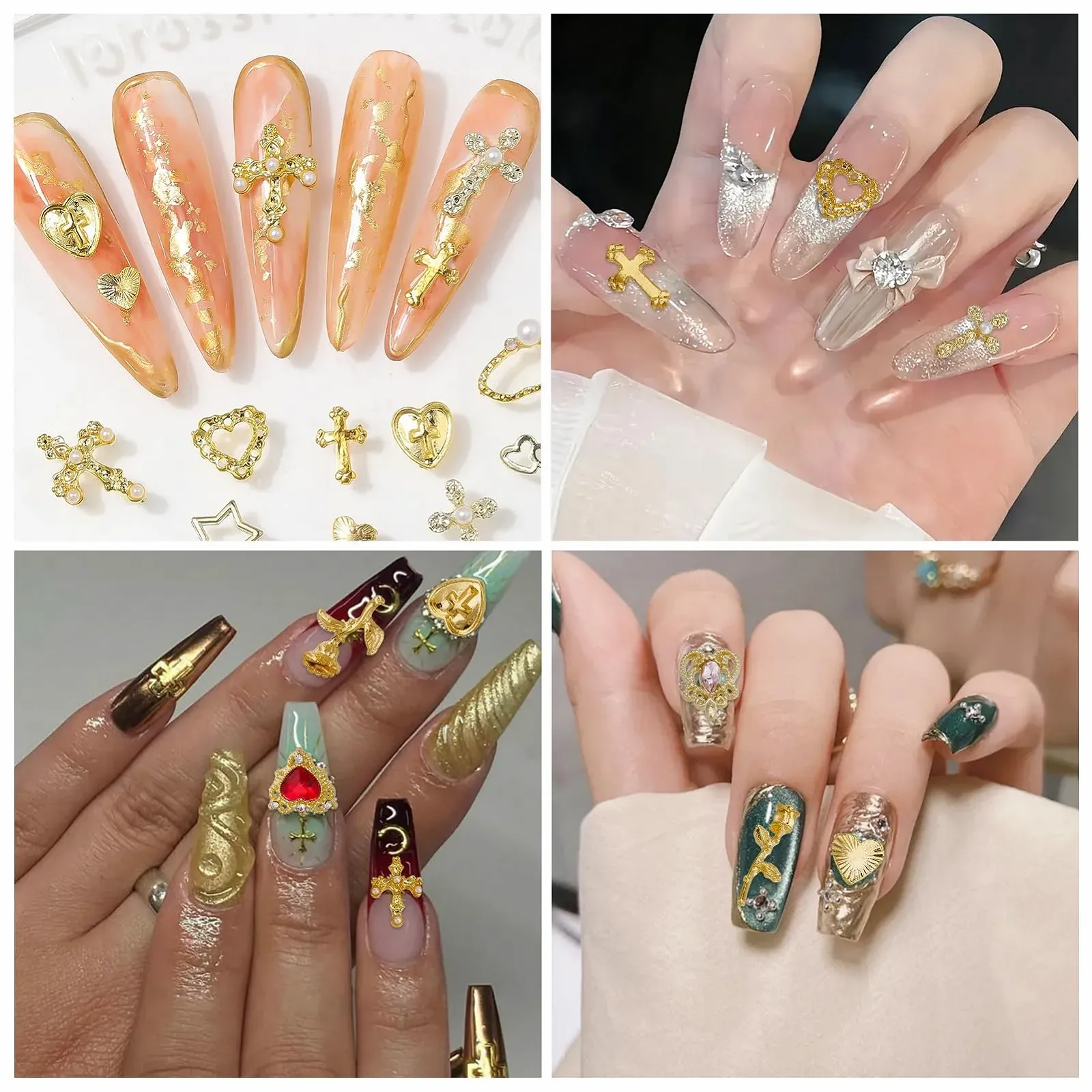 Украшения для ногтей NICENEEDED 120 шт, золотые крестики, розы, сердца, 3D украшения для ногтей, фото №4