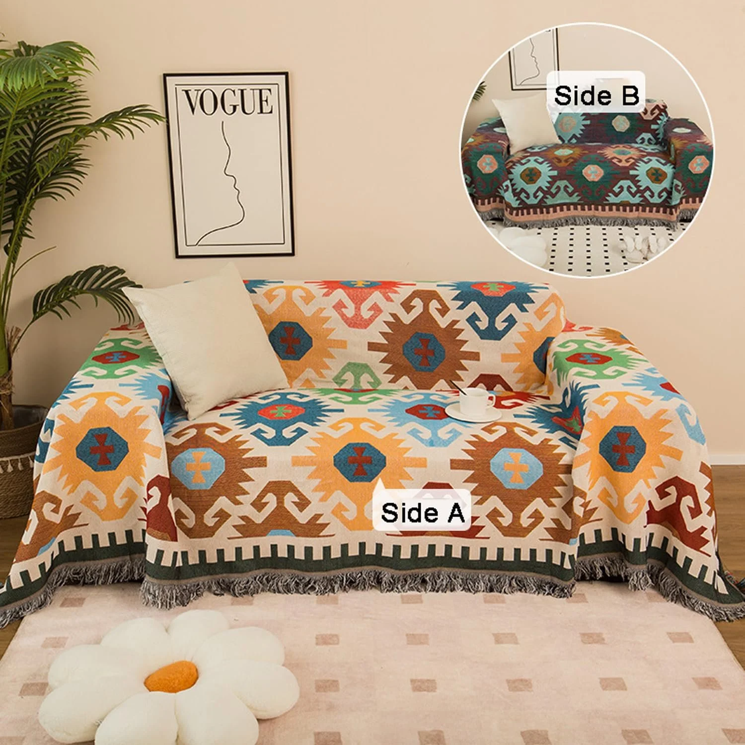 Плед у стилі бохо Czyminrout, плед для дивана з китицями, плед в етнічному стилі, фото №3