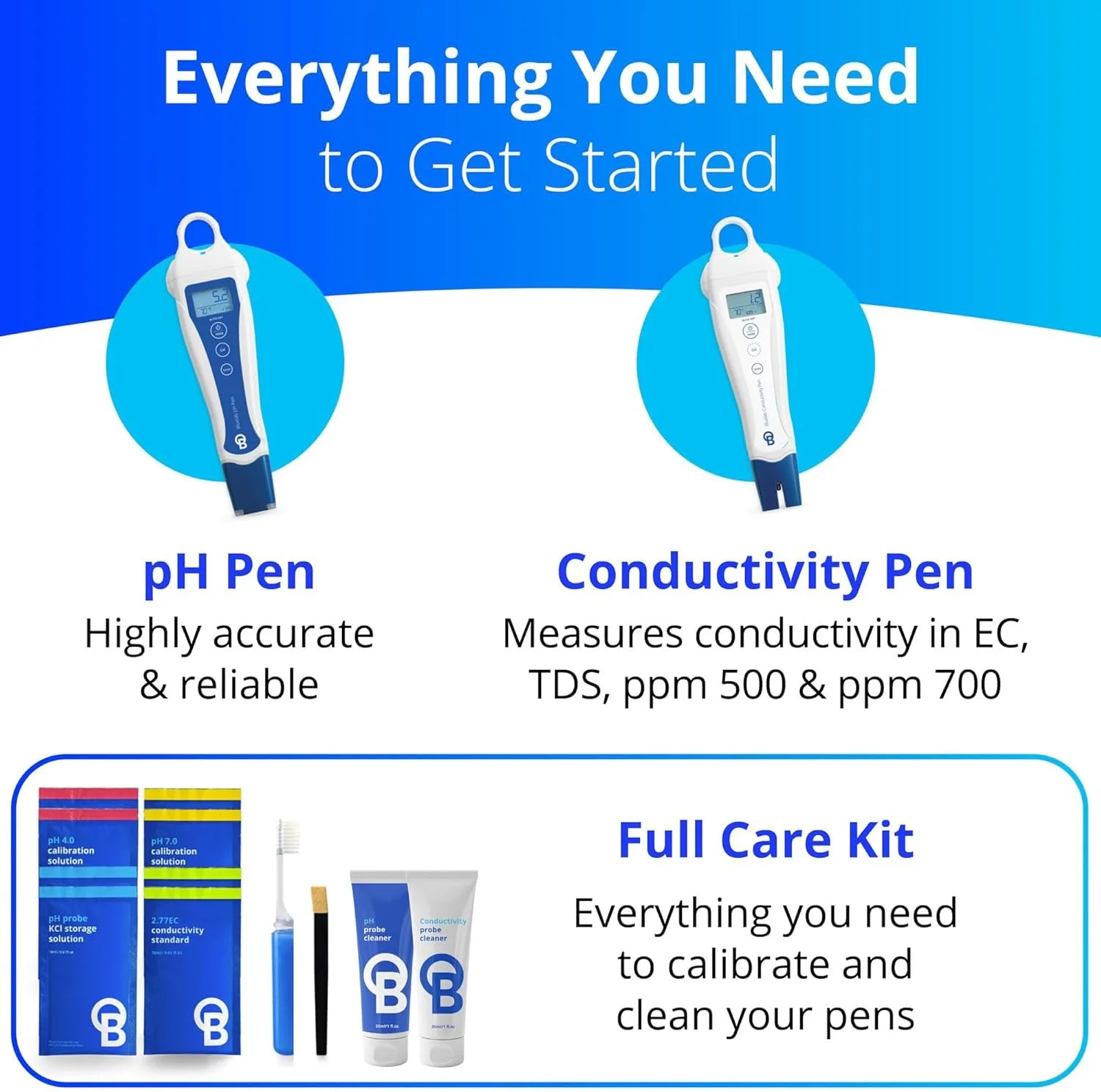 Портативний стартовий набір вимірюваннь характеристик води Bluelab pH & EC Pen Starter Kit / pH, EC та температури / / Водонепроникний корпус / Для гідропоніки / Білий-Синій, фото №2