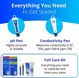Портативный стартовый набор для измерения характеристик воды Bluelab pH & EC Pen Starter Kit / pH, EC и температуры / / Водонепроницаемый корпус / Для гидропоники / Белый-Синий synthetic.ua - Фото 1