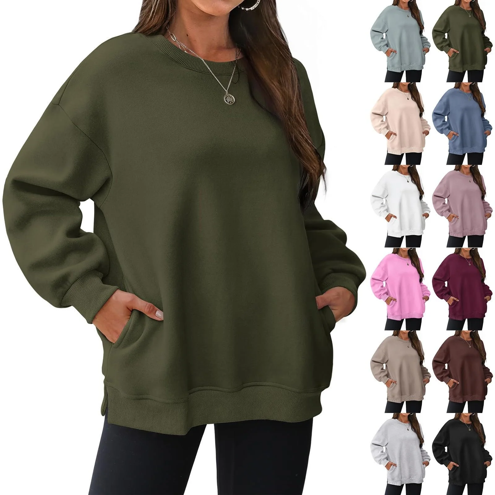 Женский свитшот оверсайз длинный без капюшона хлопковый с карманом повседневный свободный удобный однотонный простой с длинными рукавами, фото №1 Женский свитшот оверсайз длинный без капюшона хлопковый с карманом повседневный свободный удобный однотонный простой с длинными рукавами, фото №1