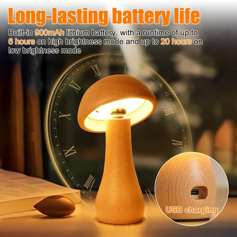 Нічний світильник настільна лампа MiOYOOW Wooden Mushroom сенсорна з регулюванням яскравості зі знімною головкою 360°, фото №6