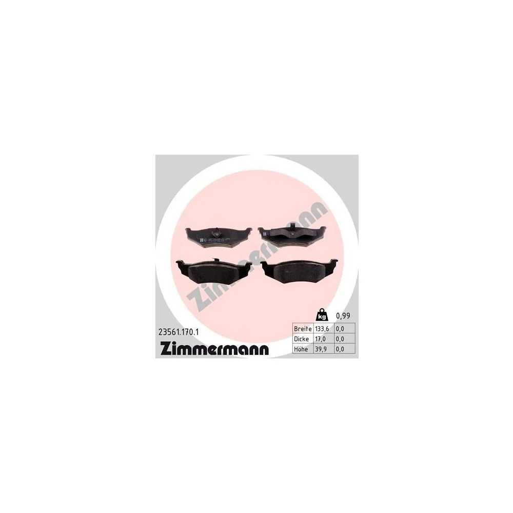 Комплект гальмівних колодок, дискове гальмо ZIMMERMANN 23561.170.1 для CHRYSLER, задня вісь, фото №1