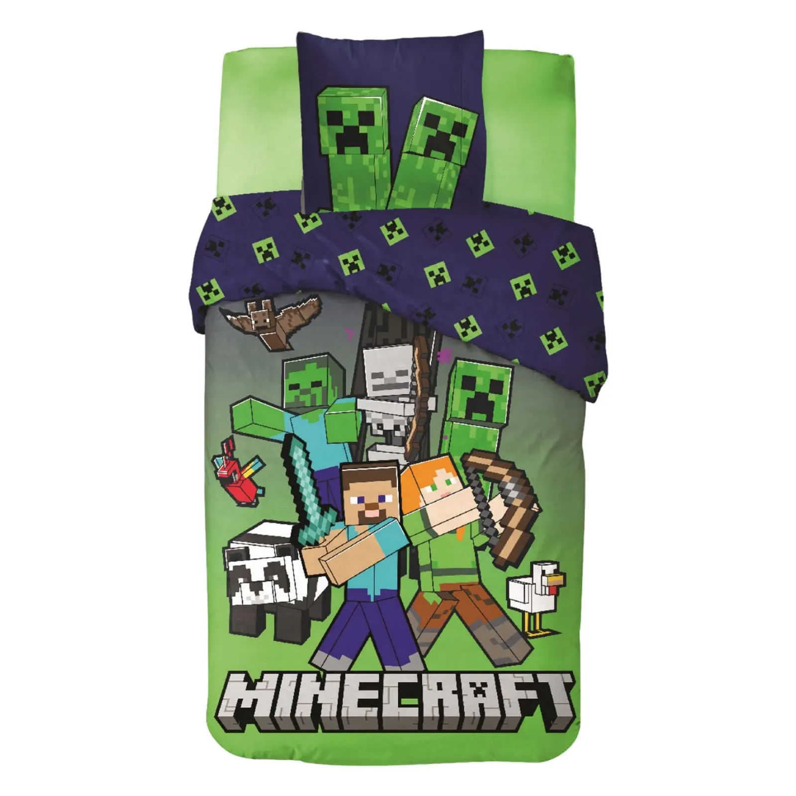 Постельное белье Minecraft 135 x 200 см - Двусторонний пододеяльник с наволочкой 80 x 80 см - Официальный мотив Creeper, фото №1