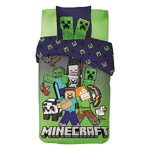 Постельное белье Minecraft 135 x 200 см - Двусторонний пододеяльник с наволочкой 80 x 80 см - Официальный мотив Creeper - Фото 1