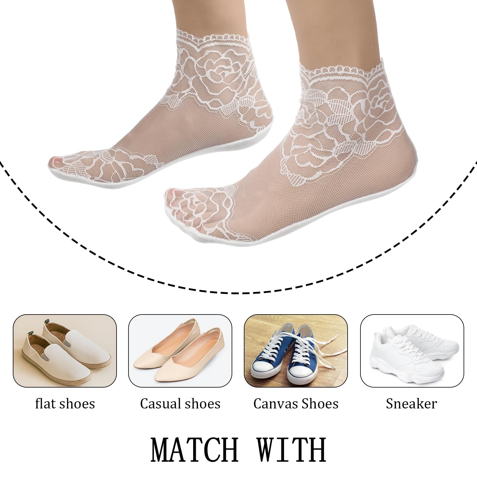 Носки Teaaha Женские, 5 пар коротких носков с кружевами и оборками, летние дышащие, белый/серый/розовый/черный/телесный цвет, один размер 30-40, фото №6