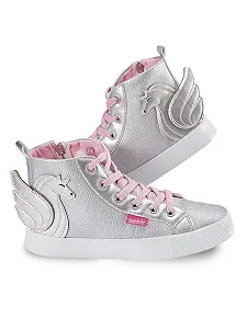 Кроссовки Denokids Детские, Серебристый Единорог, Высокие, Розовые Шнурки - Фото 1