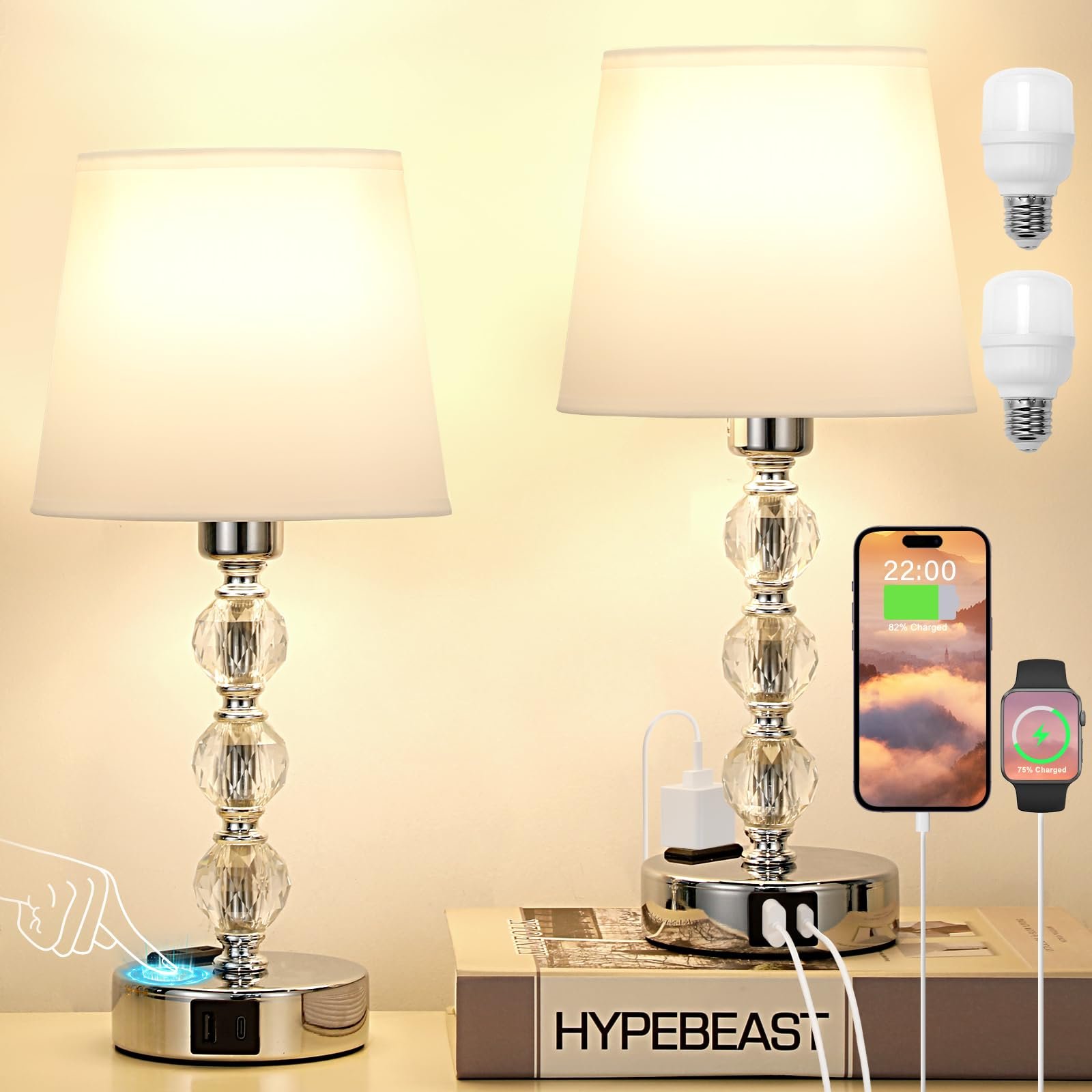 Настільна лампа Kakanuo Touch Dimmable Crystal Set of 2 USB A+C LED White, фото №1