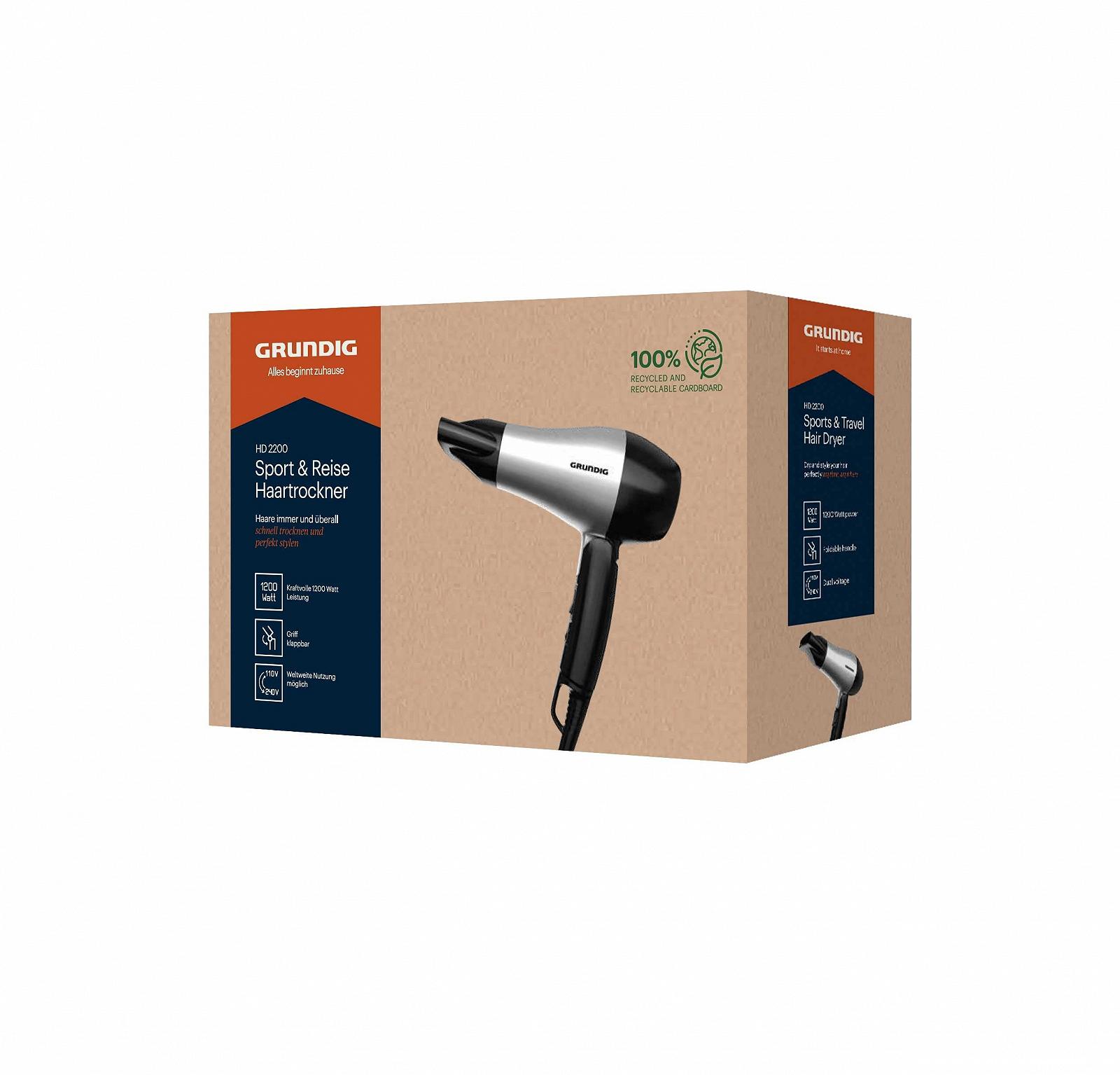 Фен Grundig Sports & Travel HD 2200, 1200 Вт, 2 уровня температуры, 2 уровня воздушного потока, кабель 1,8 м, выдвижная ручка, очень легкий, для использования во всем мире, фото №6