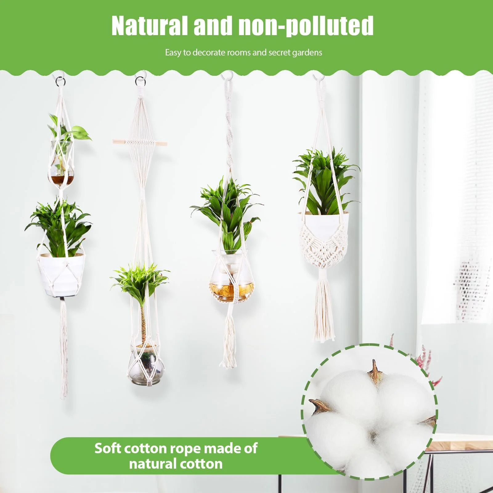 Набор подвесных корзин 4 шт. плетеных из хлопковой веревки в стиле бохо с крючками, фото №6