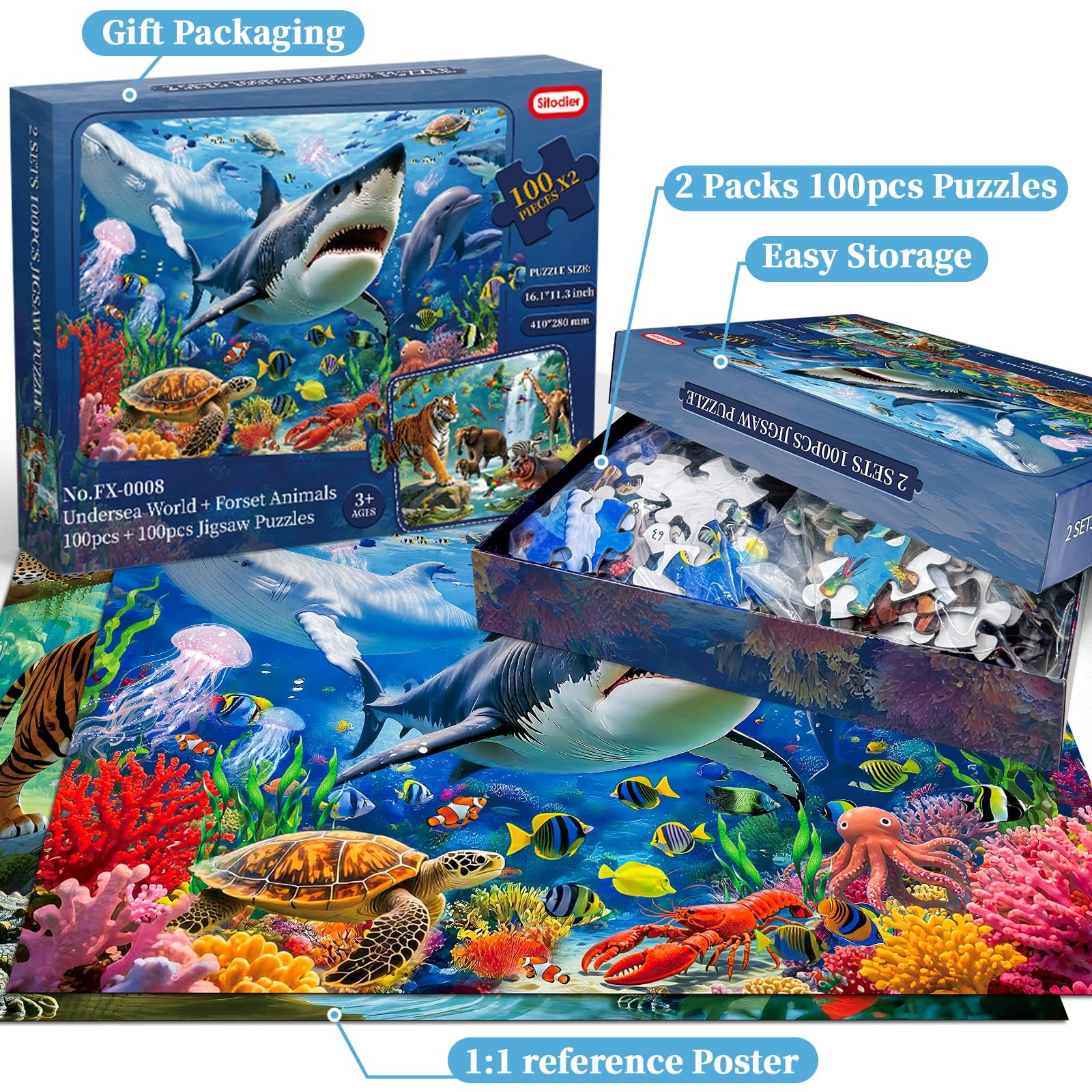 Пазл 2 набора по 100 деталей Underwater World and Forest Animals 41 x 28 см, фото №1 Пазл 2 набора по 100 деталей Underwater World and Forest Animals 41 x 28 см, фото №1