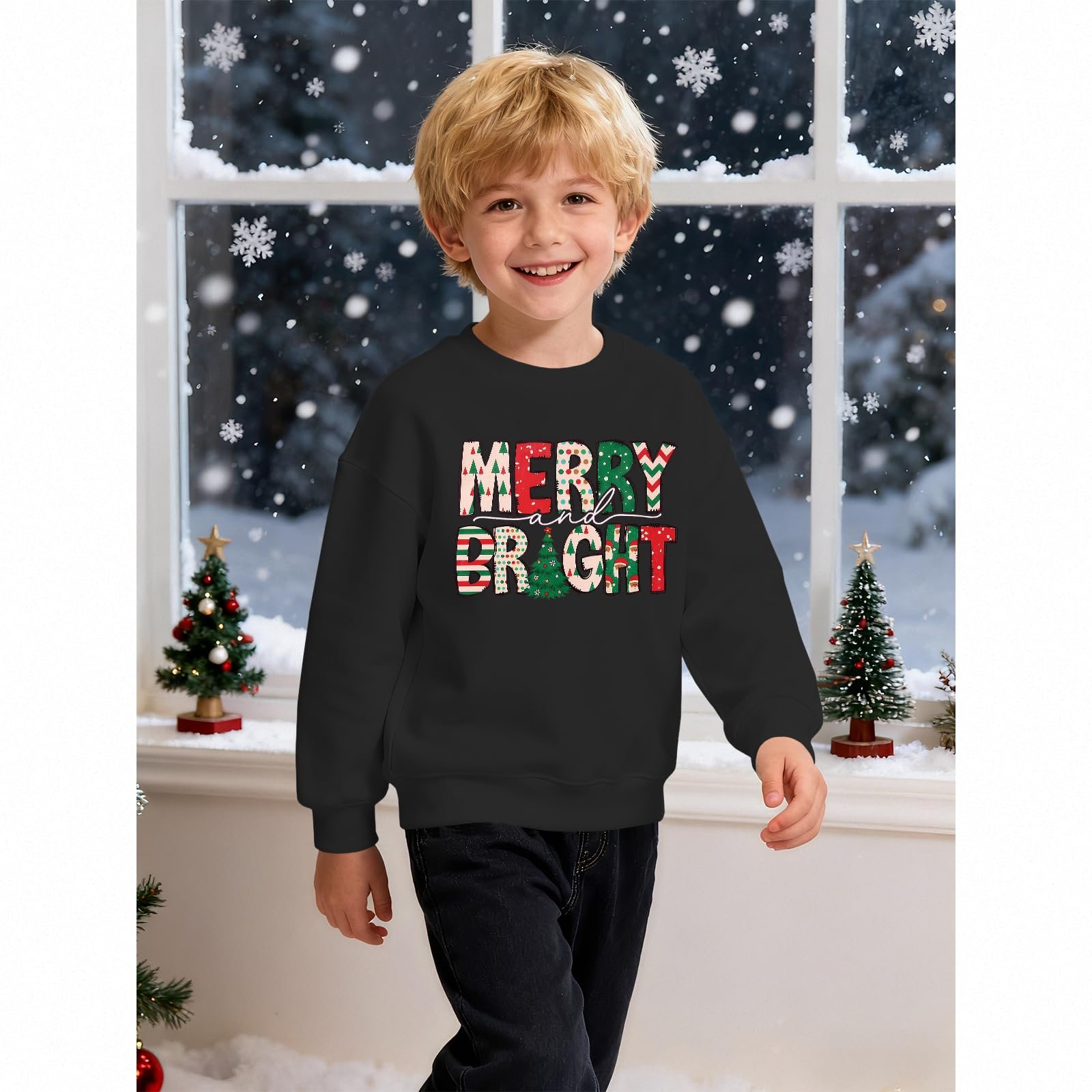 Різдвяний джемпер Merry Bright Дитячий світшот з принтом ялинки, фото №3