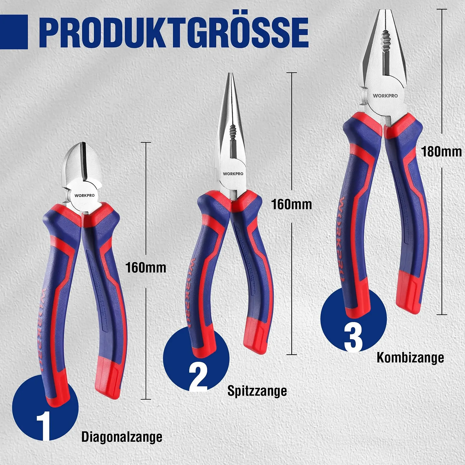 Набор плоскогубцев WORKPRO: комбинированные плоскогубцы 180 мм, плоскогубцы с длинным носом 160 мм, боковые кусачки 160 мм, фото №2 Набор плоскогубцев WORKPRO: комбинированные плоскогубцы 180 мм, плоскогубцы с длинным носом 160 мм, боковые кусачки 160 мм, фото №2