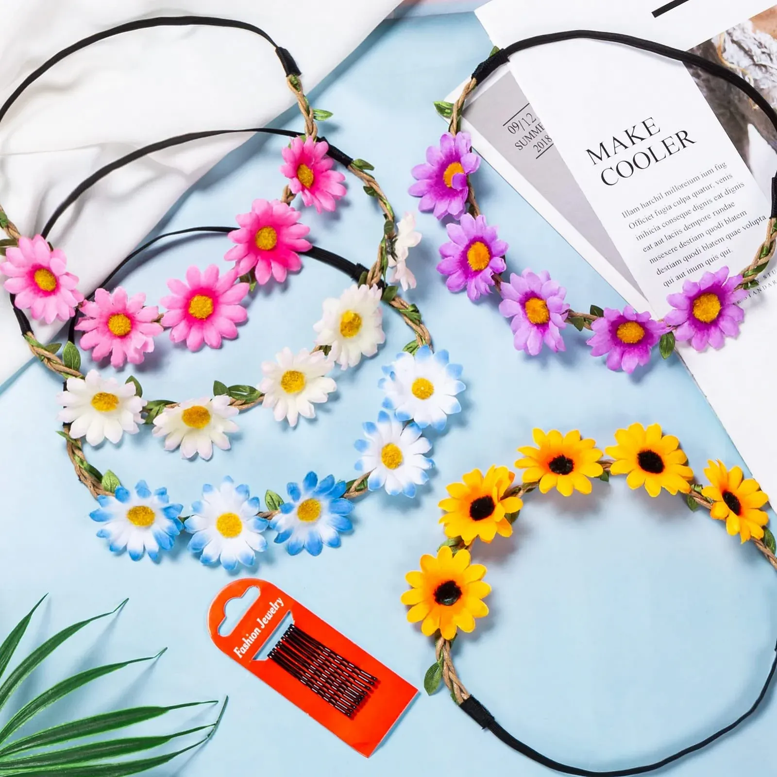 Вінок для волосся з ромашками, набір 5 штук, різнокольоровий, фото №7