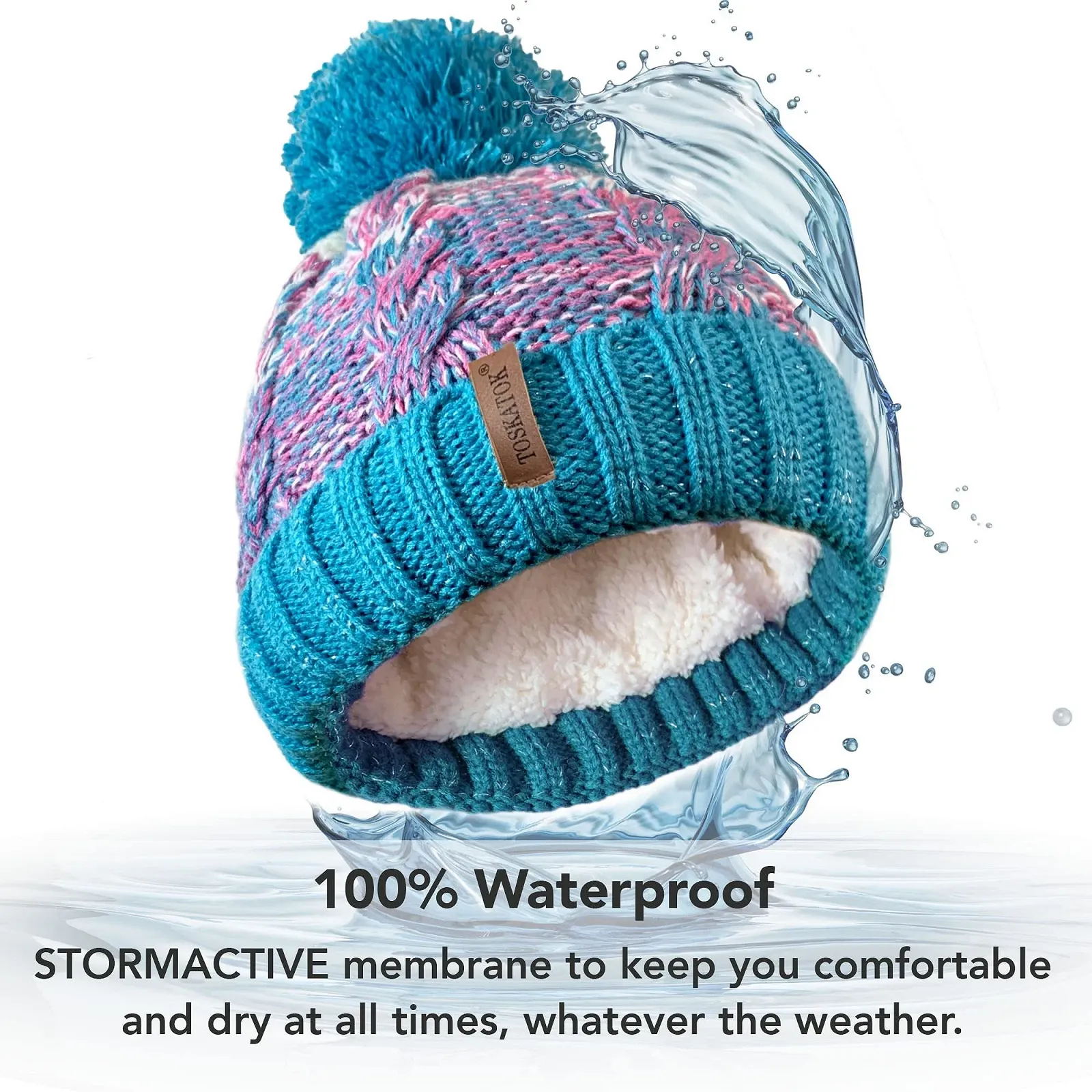 Шапка STORMACTIVE Вязаная с помпоном и теплой подкладкой для девочки, водонепроницаемая, фото №2