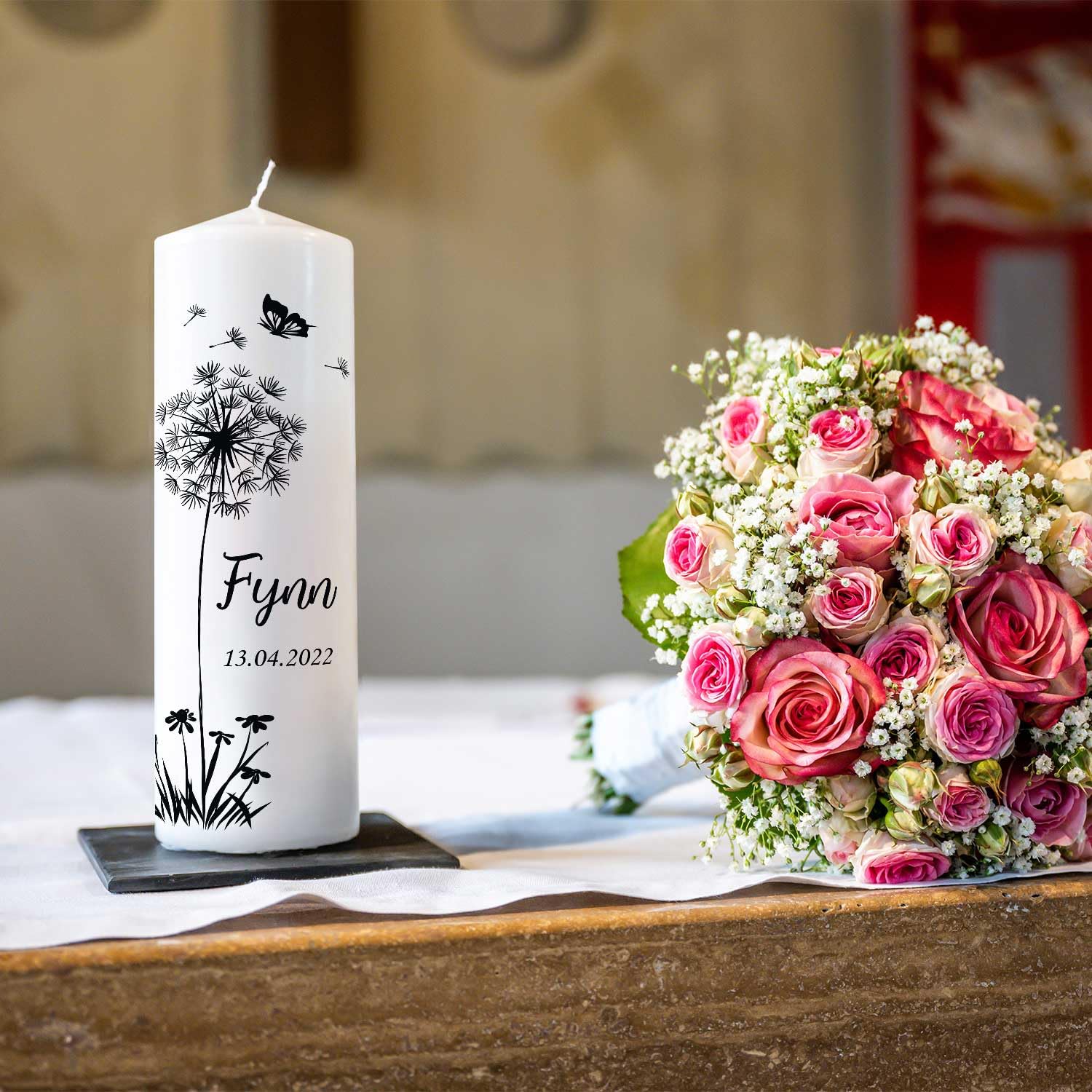 Свічка GRAVURZEILE Children's Funeral Candle Dandelion Butterfly Індивідуальна з ім'ям, датою та бажаним текстом, фото №3