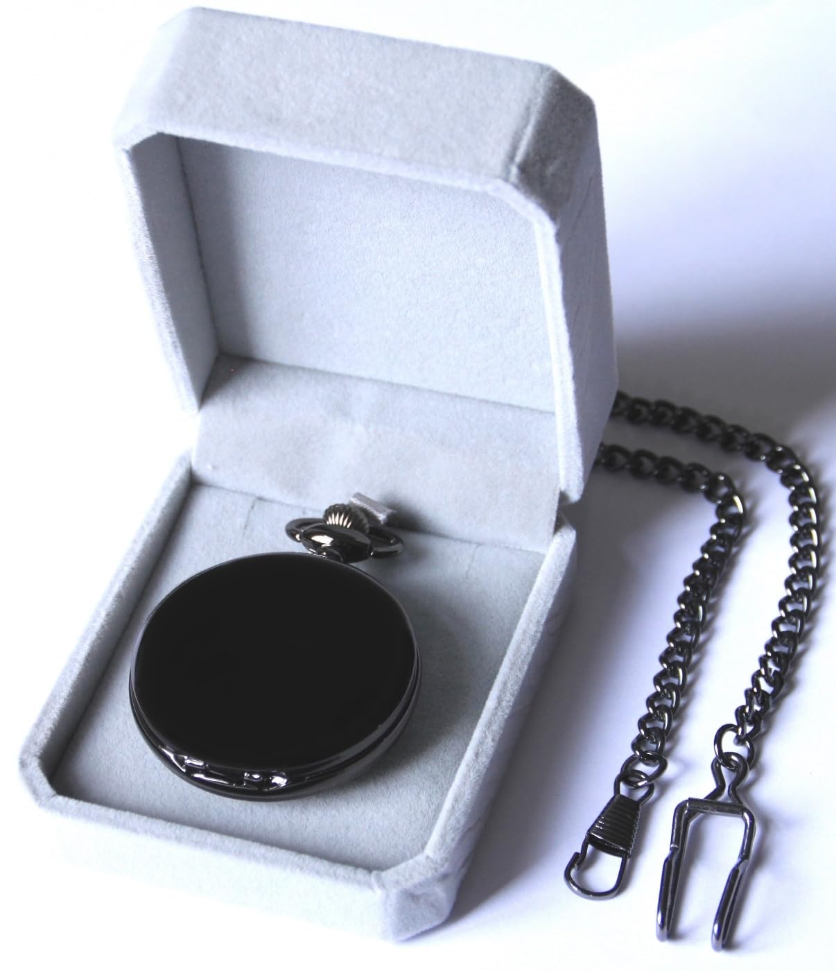 Кишеньковий годинник Eichmüller Quartz Savonnette Spring Lid чорний з карабіновим ланцюгом і коробкою, класичний, фото №3
