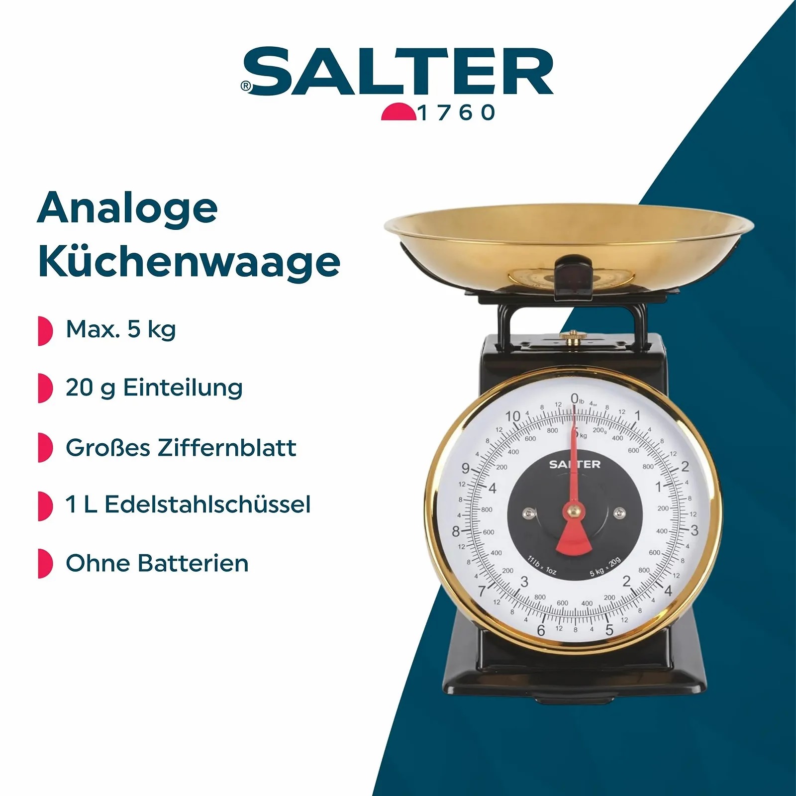Кухонні ваги Salter Timeless Mechanical 5 kg 1 L Black/Gold, фото №2 Кухонні ваги Salter Timeless Mechanical 5 kg 1 L Black/Gold, фото №2