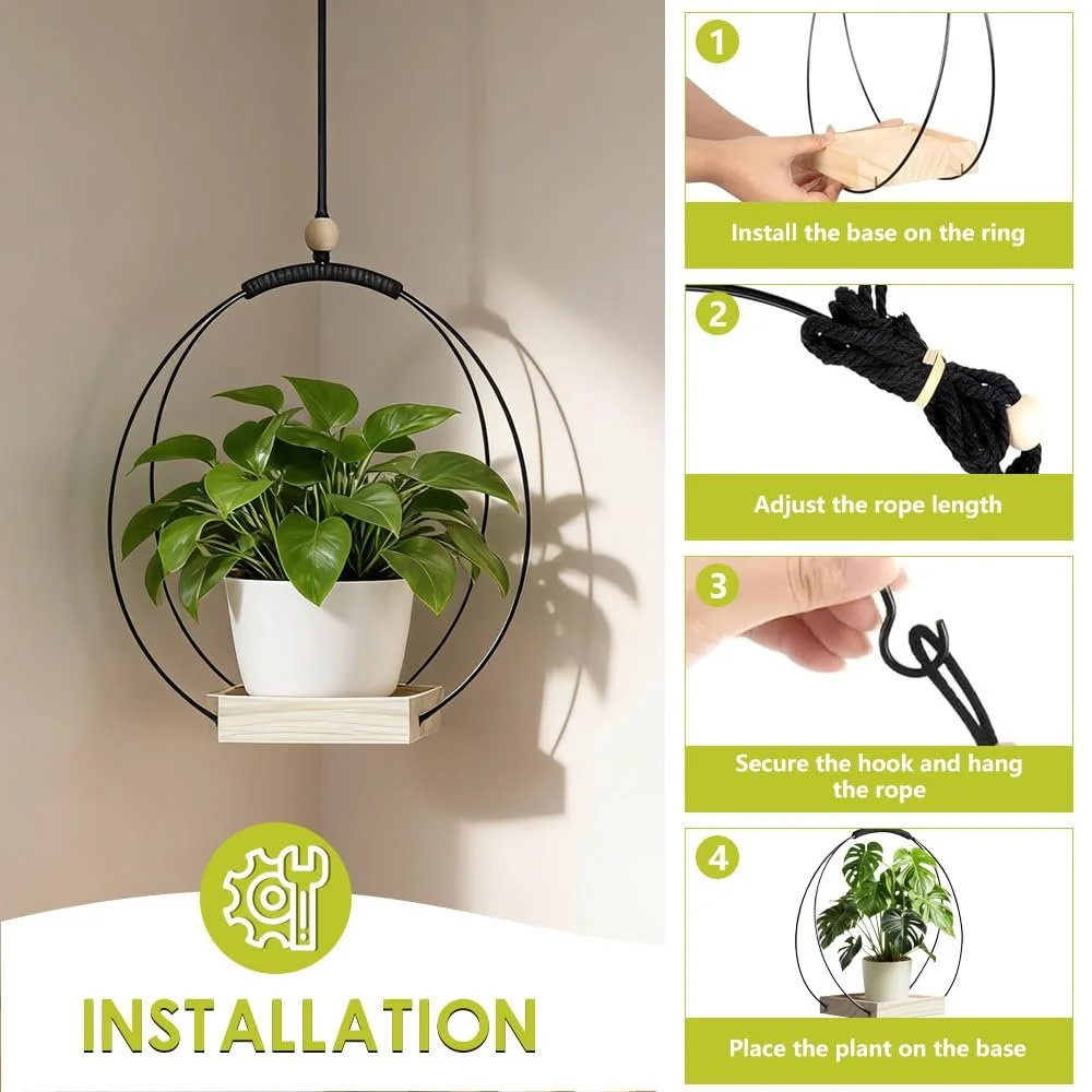 Підвісні кошики 2 шт. сучасні в стилі бохо з дерев'яною основою та металевим кільцем, фото №3 Підвісні кошики 2 шт. сучасні в стилі бохо з дерев'яною основою та металевим кільцем, фото №3