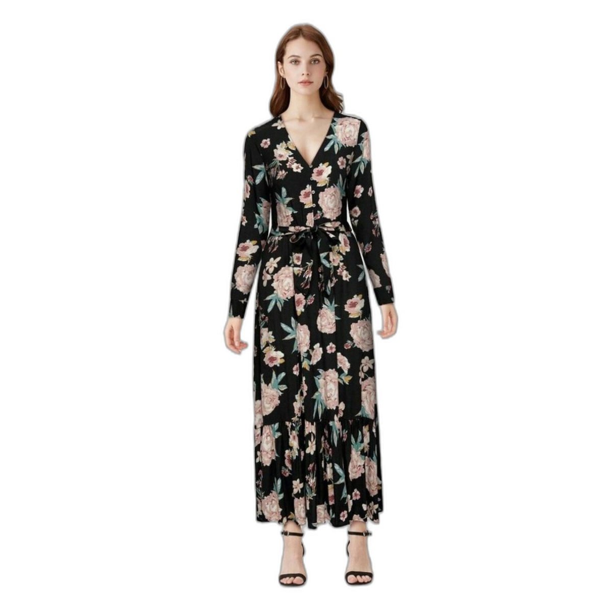 Сукня ONLMARY L/S MIDI BUTTON DRESS WVN 15243529--AOP:GROUNDBREAKER FLORAL ONLY Чорний M, фото №1