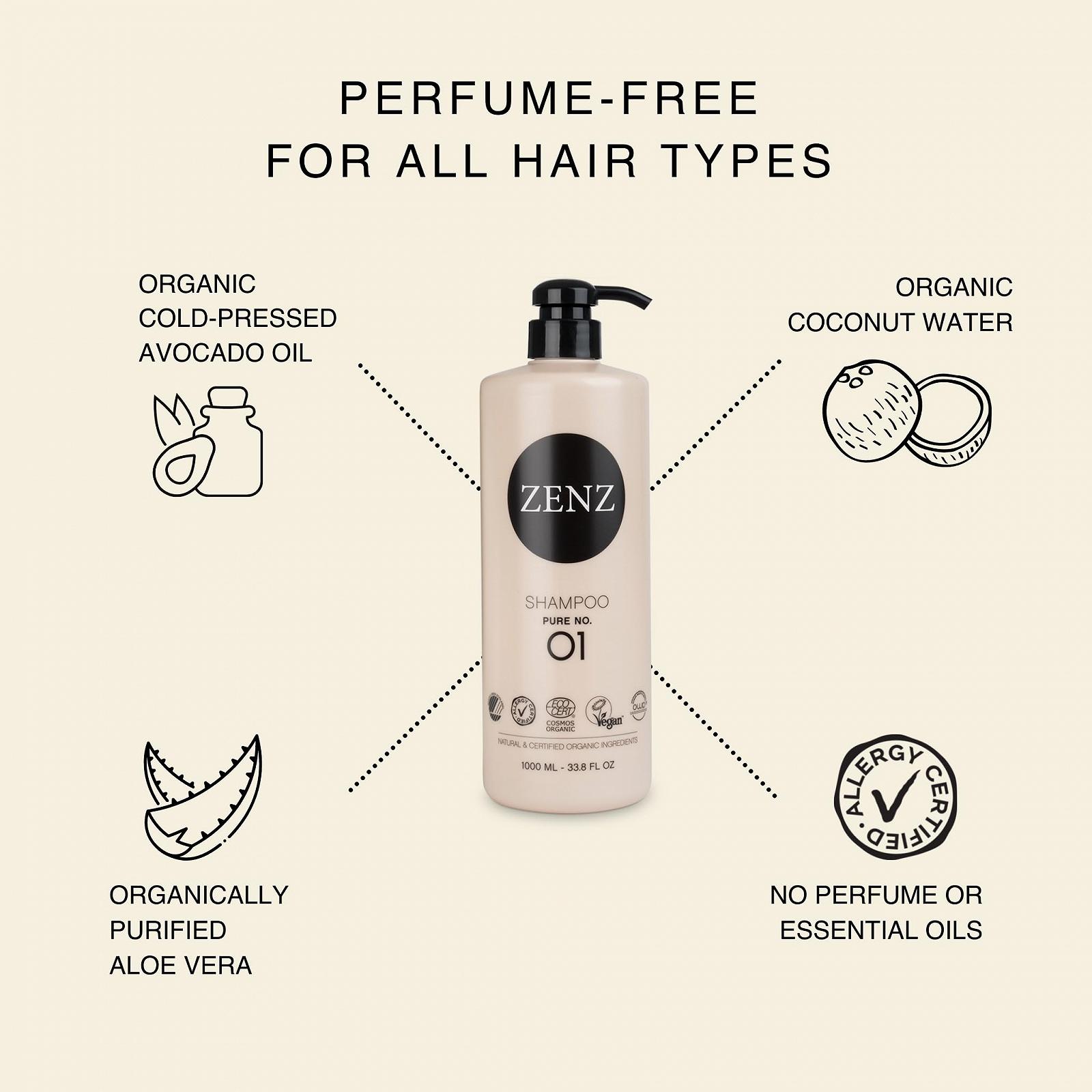 Шампунь ZENZ Pure No. 01 1000 мл без запаха Aloe Vera Organic Coconut Water & Avocado Oil для всех типов волос, фото №2
