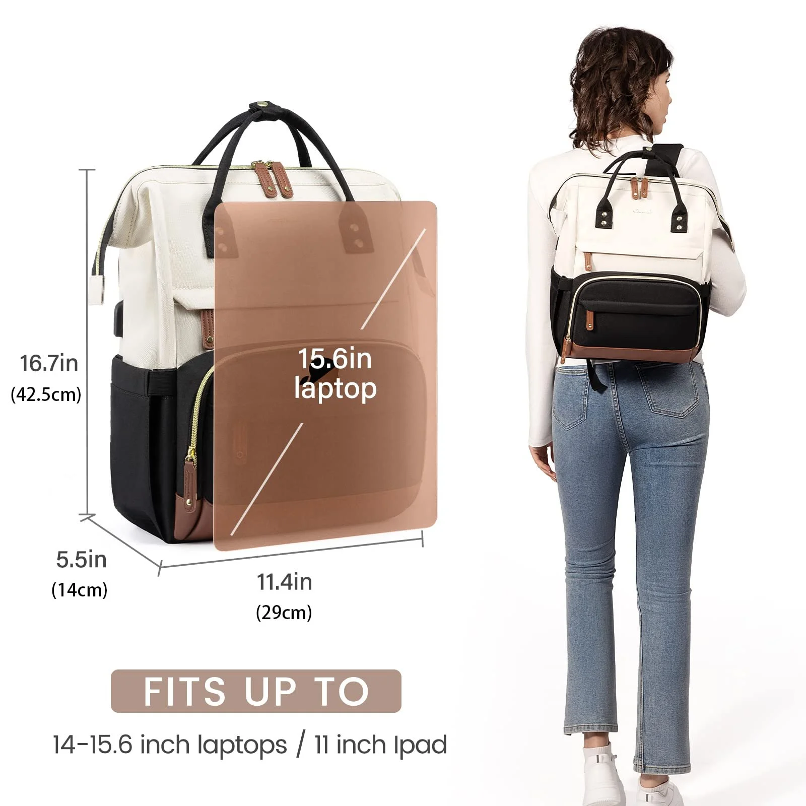 Рюкзак для ноутбука LOVEVOOK жіночий 15.6 дюйма шкільний водонепроникний Beige Black, фото №3