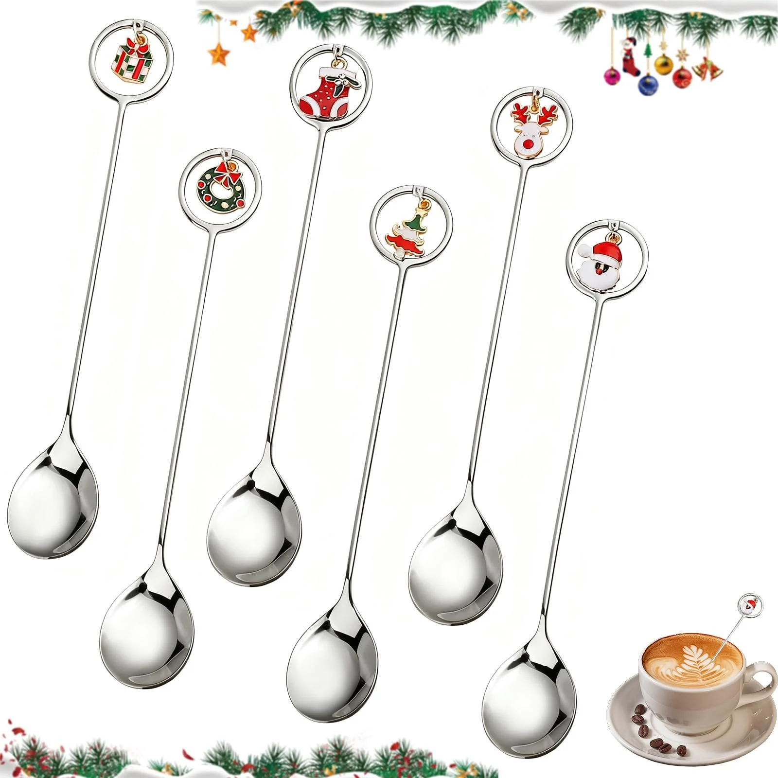 Набір з 6 різдвяних ложок, нержавіюча сталь, фото №1
