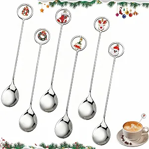 Набор из 6 рождественских ложек, нержавеющая сталь, рождественская кофейная ложка, рождественская чайная ложка, ложка для смешивания, десертная ложка с подарочной упаковкой для украшения стола - Фото 1