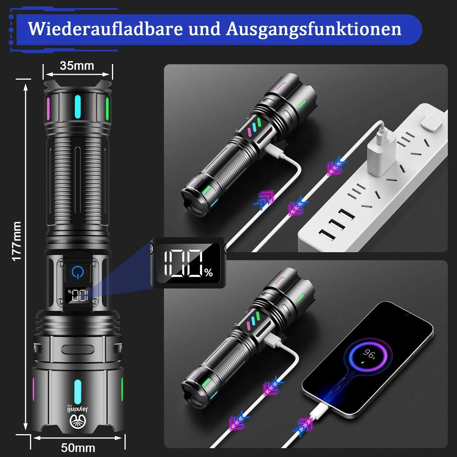 Ліхтар LED Акумуляторний 500 000 Люменів, Надзвичайно Яскравий, Міцний, 5 Режимів Освітлення, З можливістю масштабування, Акумулятор 5000 mAh, IPX7 Водонепроникний, фото №4