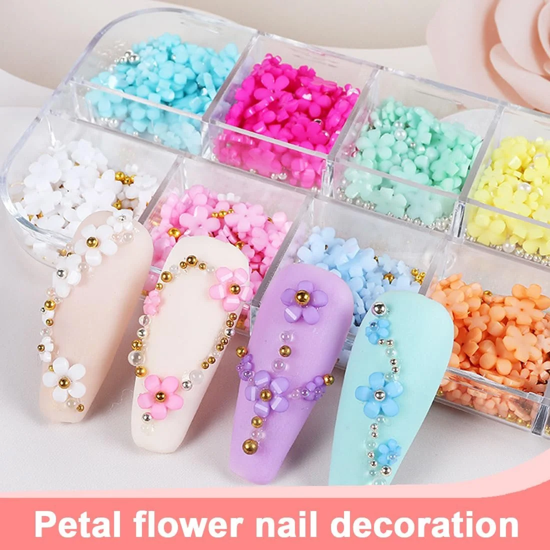 Декор для ногтей 3D Flower 1 коробка 12 цветов Цветы из акрила и бусины с пинцетом Розовый, фото №6