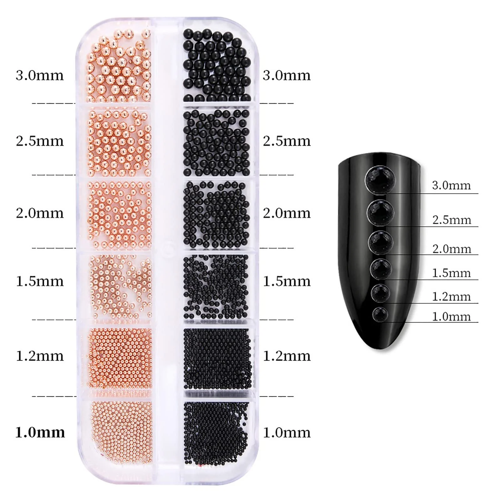 Стрази для нігтів Кульки сталеві 6 розмірів DIY Аксесуари з коробкою Рожеве золото + Чорний, фото №2
