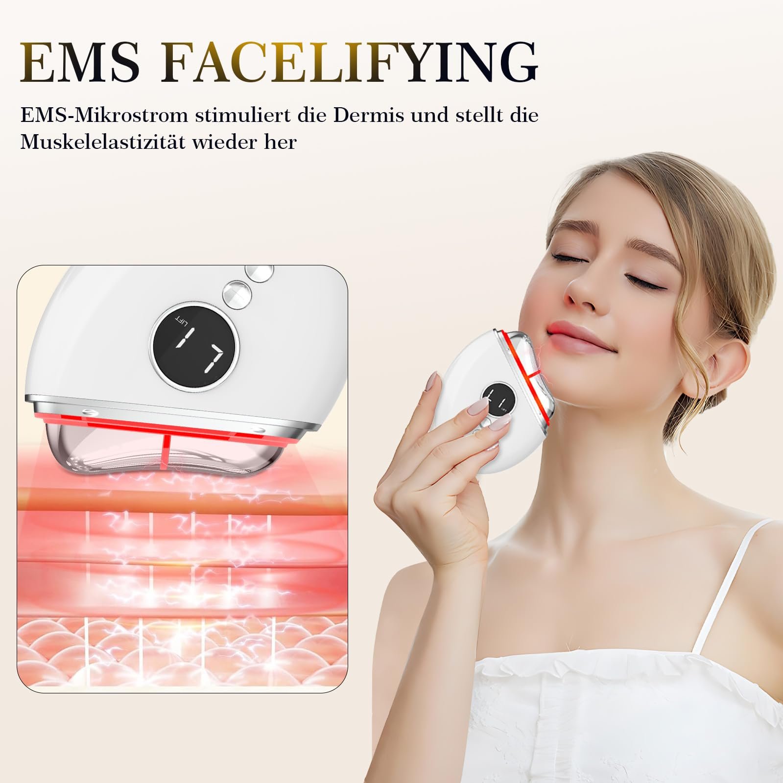 EMS Gua Sha Robofun Масажер для обличчя Електричний проти зморшок з вібрацією та нагріванням, пристрій для підтяжки обличчя з червоним, синім, зеленим світлом, для обличчя, проти зморшок, антивіковий - Білий, фото №4